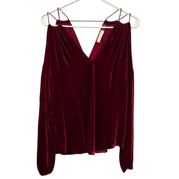 $455 Ramy Brook Velvet Long Sleeve Cold Off Shoulder Straps Top Red‎ XS EUC Silk - Picture 1 of 9